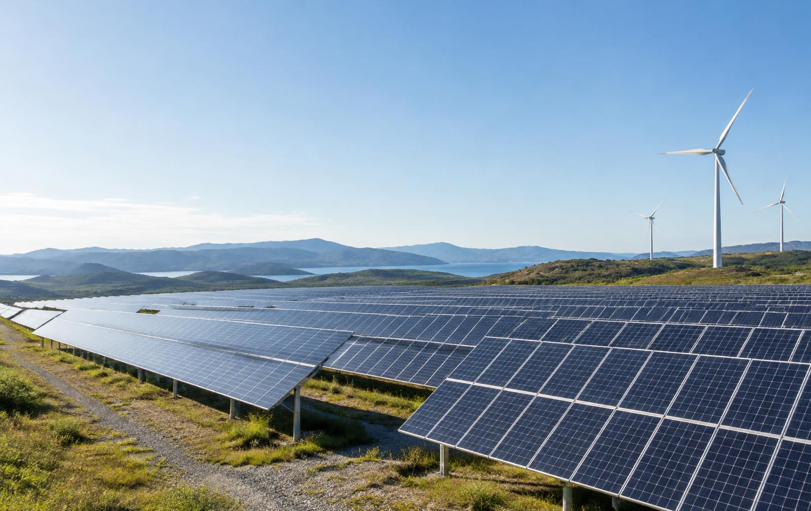 Solar panels and wind turbines across a renewable energy site